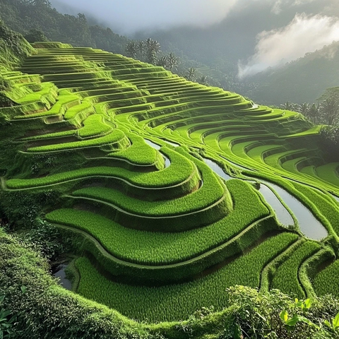 梯田水波夕阳映照
