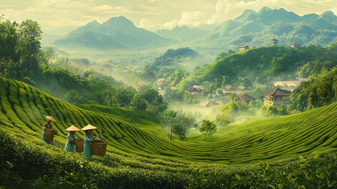 茶树丛中茶农采茶忙