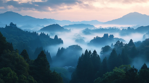 晨雾山景与古堡