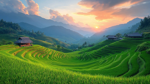 梯田稻谷与茅草屋