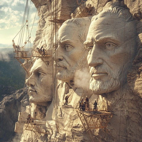 工人雕刻巨石雕像场景