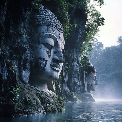 水边的大型佛像雕刻壮观景象