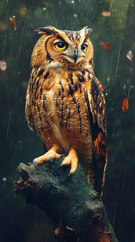 雨中树顶的湿羽毛猫头鹰