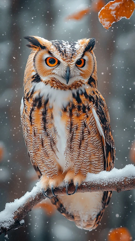 雪雾森林中的黑金羽毛猫头鹰