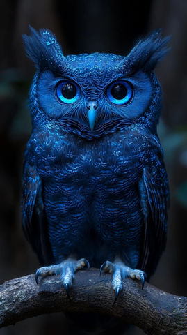 蓝眼发光猫头鹰坐树枝