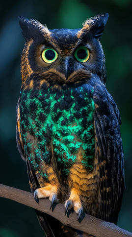 黑羽绿渐变猫头鹰栖枝