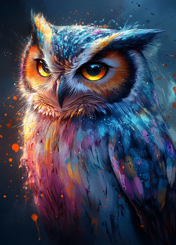 彩色墨水画猫头鹰与喷溅背景