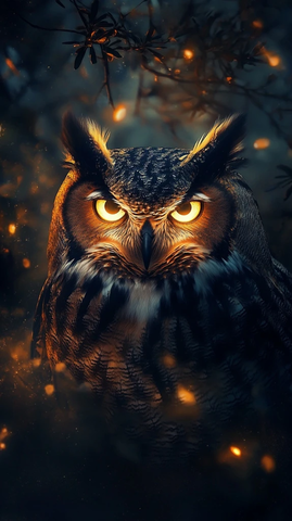 夜色中发光的猫头鹰眼睛