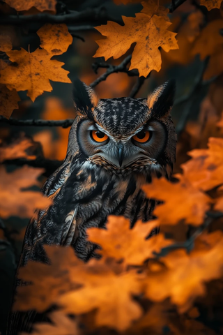 猫头鹰隐藏在秋叶中