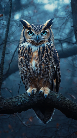 夜色中栖息的蓝眼猫头鹰