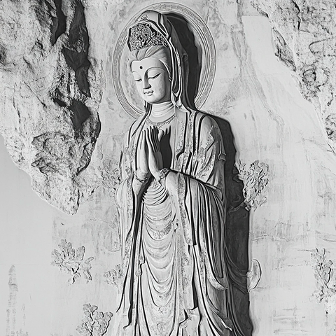 石刻观音像双手合十肃穆庄严