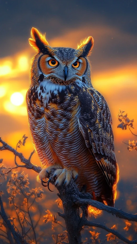 大角猫头鹰日出展翅