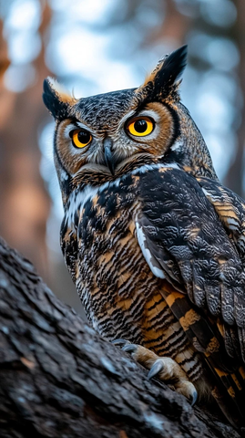 夜林中发光眼珠的大角猫头鹰