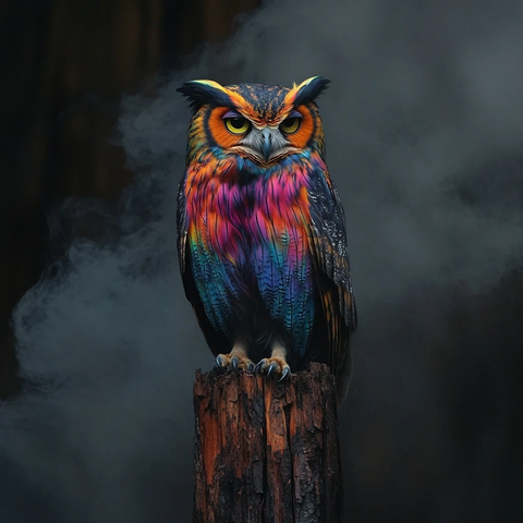 彩色猫头鹰栖息树干