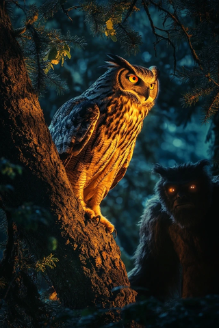 夜林中大雕鸮与大脚怪