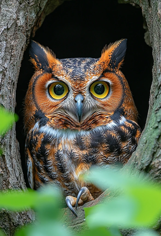 猫头鹰栖息树洞绿叶环绕