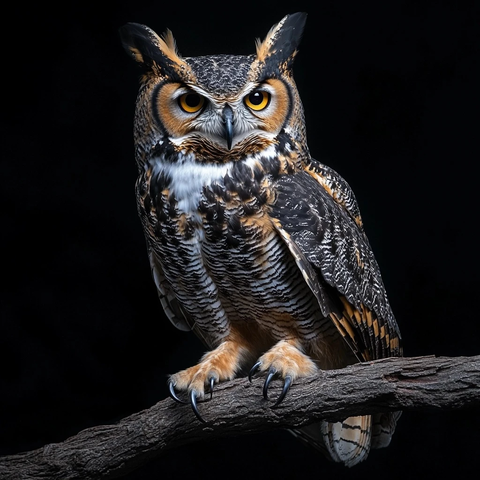 大角猫头鹰栖息树枝展爪