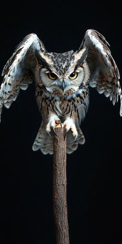 猫头鹰降落树枝展翅