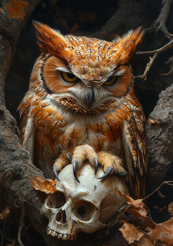 猫头鹰卧姿搭爪于颅骨