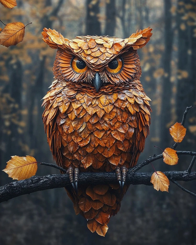 秋叶拼贴猫头鹰森林