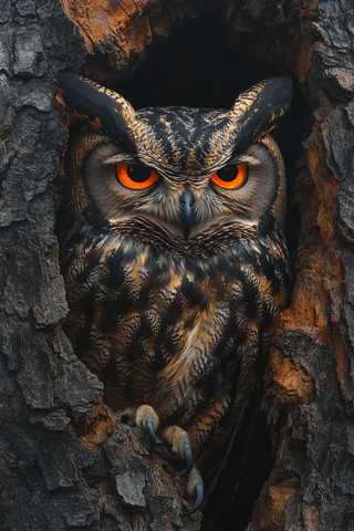 猫头鹰栖息粗糙树皮