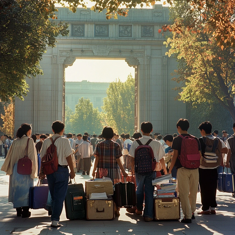 背着行囊的学生们走过校门的场景
