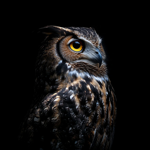 单灯照明下羽毛细腻的猫头鹰