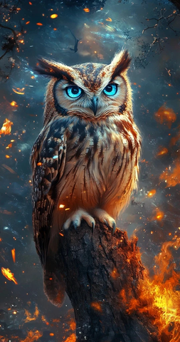 蓝眼猫头鹰火焰冰霜树上