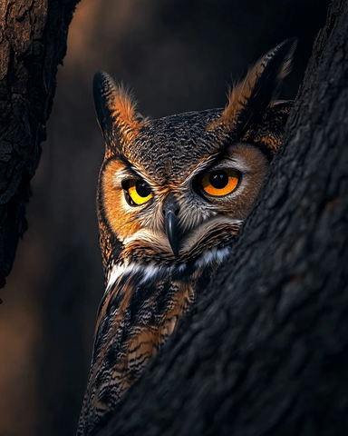 猫头鹰躲藏在老树阴影中