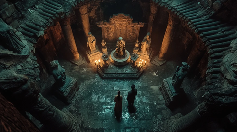 神秘古墓中两人面对雕像的场景