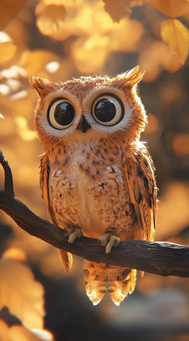 猫头鹰栖息树枝凝视画面