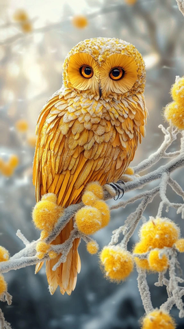 花朵羽毛猫头鹰雪景树枝