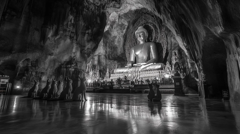 山洞中的佛像雕塑全景