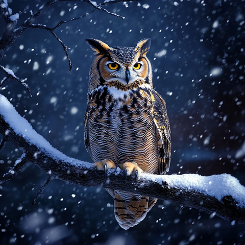 雪夜树枝上的大角猫头鹰