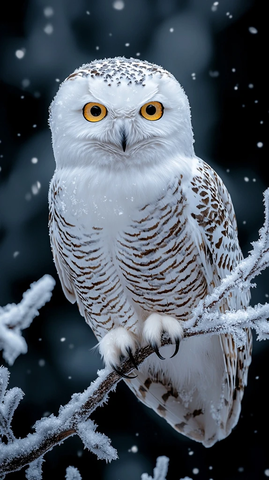 雪鸮栖息霜雪覆盖树枝