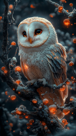 猫头鹰栖息树枝星夜雾气