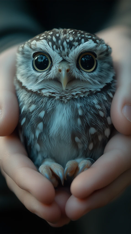 小猫头鹰躺掌心温柔对视