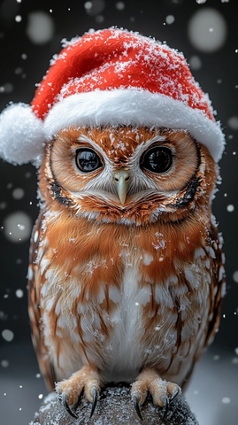 红褐林鸮圣诞帽雪景