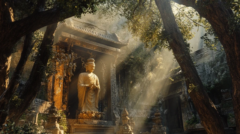 古寺中佛像静立阳光洒落氛围静谧