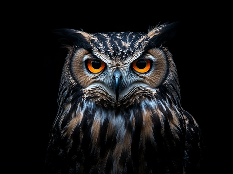 猫头鹰黑色背景橙眼凝视