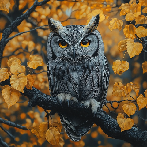 猫头鹰停歇金色树叶树枝