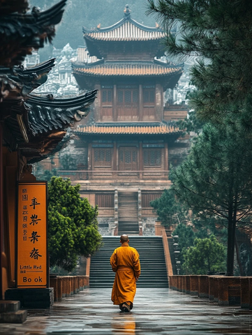 黄袍僧人独自行走于古寺庙的幽静小道