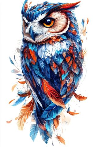 蓝色红色橙色羽毛猫头鹰