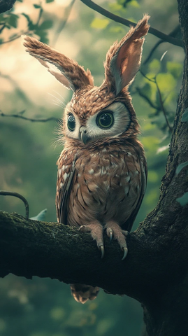 猫头鹰兔脸坐在树枝