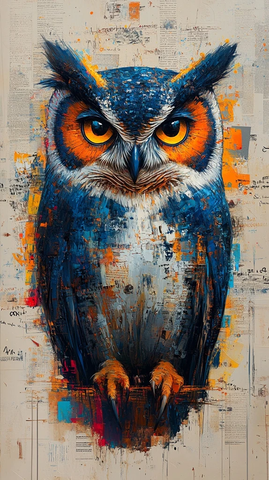 彩墨笔触勾勒猫头鹰肖像