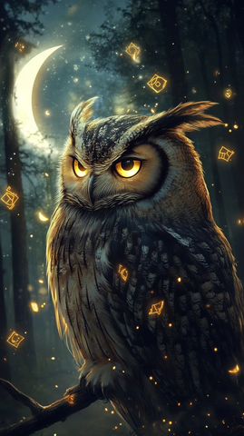 银月下的智慧猫头鹰与符文