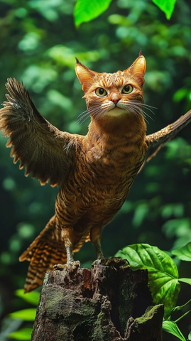 鸟猫怪兽站立树桩展翅