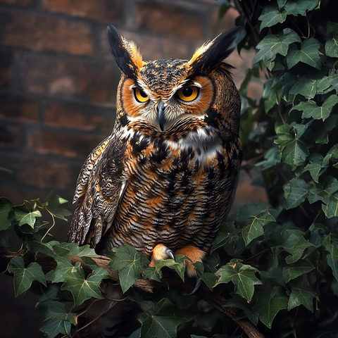 角鸮停驻常春藤枝头