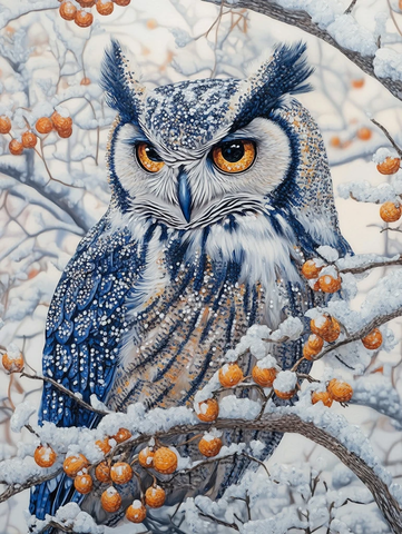 雪中树枝上的猫头鹰钻石画