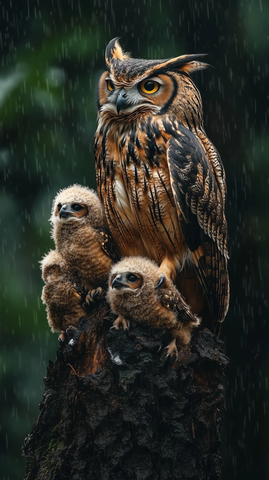 雨中树梢的母子猫头鹰